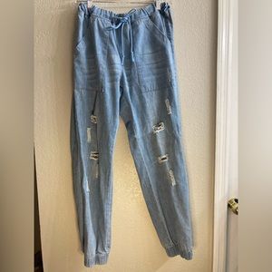 Pull on distressed denim joggers elastic waist